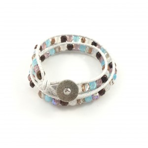 2 ROWS LEATHER AND GLASS BEADS BRACELET, WHITE AND MULTI COLOR